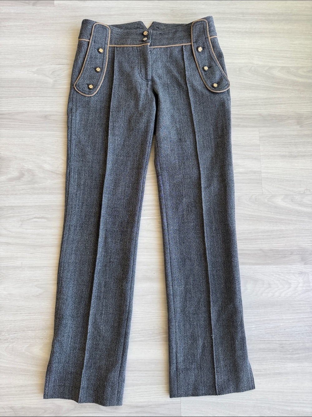 Vintage Dolce & Gabbana Gray Wool Trousers Crest Buttons Contrast Piping Y2K